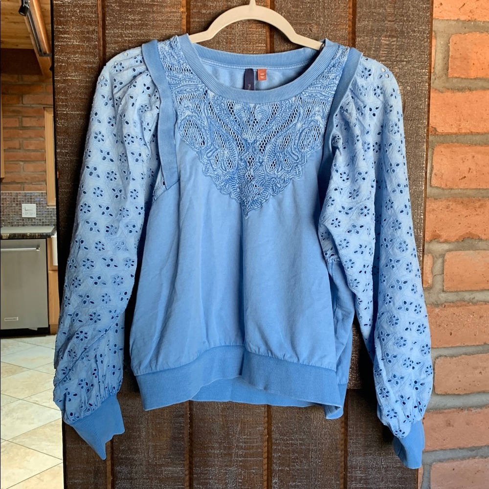 Anthropologie Pilcro Women Washed Eyelet Blue Sweatshirt Top Size XXS Preppy - Picture 4 of 16